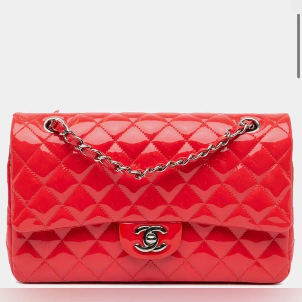Authentic Chanel Red Patent Leather Medium Classic Double Flap Bag with card